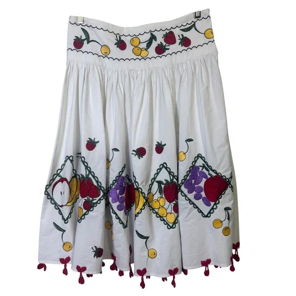 Vintage Skirt Medium Fruit Embroidered White Cotton Midi Cherry Tassles *Read - Picture 2 of 11